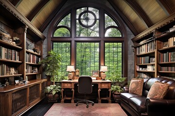 Vaulted Ceilings and Bookcase Alcoves: Gothic Cathedral Home Office Ideas - obrazy, fototapety, plakaty