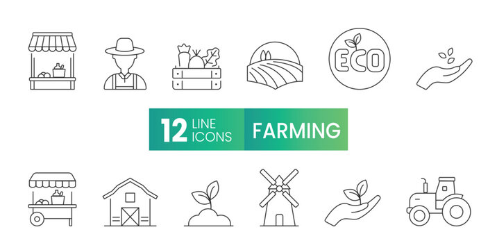 Vector farming set of icons, outdoor market, shop icon, box with vegetables and fruit icon, farmer, windmill, stall, field. Trendy colors. Isolated on a white background. Editable stroke