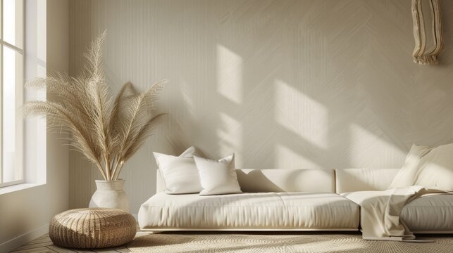 An image of a minimalist living room with walls covered in a unique natural fiber wallpaper with a slightly rough texture. The wallpaper features a subtle herringbone pattern in shades .