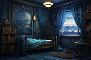 Zephyrus Wind God Fan Art: Aegean Blue Curtains Mythology Study Room Inspirations - obrazy, fototapety, plakaty