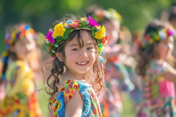 Joyful May Day Celebration: Diverse Children Maypole Dancing in a Sunlit Park