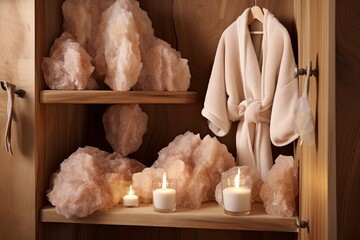 Himalayan Salt Spa Bathroom Decor: Healing Crystals Display & Fluffy Bathrobes - obrazy, fototapety, plakaty