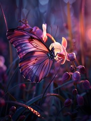 Dreamy butterfly, orchid petal wings, ethereal glow, twilight setting, eyelevel, magical ambiance - obrazy, fototapety, plakaty