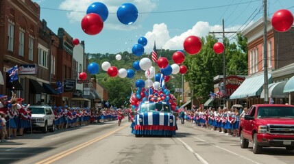 A parade marching down Main Street, with floats adorned in red, white, and blue decorations,...