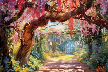 Blossoming Arbors: A Vibrant Canopy in the Impressionist Painter's Garden - obrazy, fototapety, plakaty