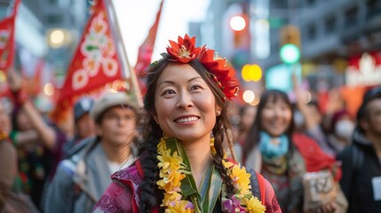 Fototapeta premium Diverse Demonstrators with Floral Leis at International Workers' Day Rally, Early Evening in Urban Square