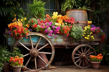 Fototapeta na wymiar Impressionist Painter's Garden Decors: Vintage Garden Carts and Potted Rainbows