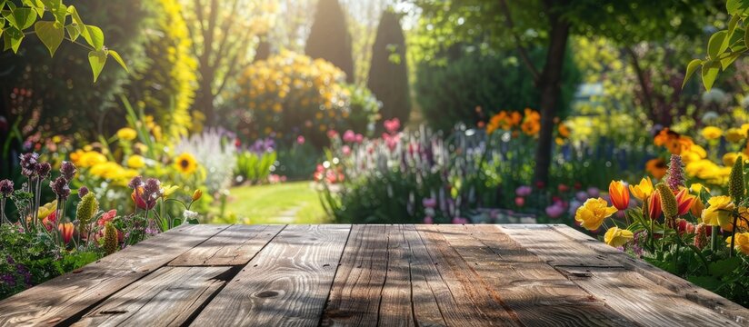 Springtime garden with a wooden table