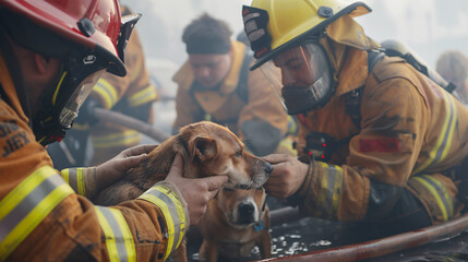 Firefighters tenderly care for a dog amidst a smoke-filled rescue scene, embodying bravery and compassion in emergency response.