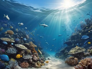 Fototapeta premium World Oceans Day Save Environment,Beautiful Underwater in wild nature background,Generative Ai.