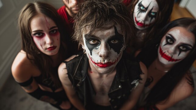 Halloween Party Enthusiasts in Trad Goth Makeup at Spooky Evening Gathering