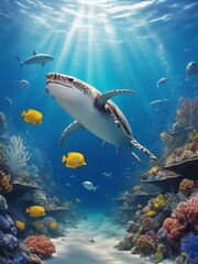 World Oceans Day Save Environment,Beautiful Underwater in wild nature background,Generative Ai.