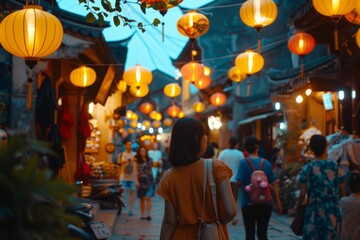 Naklejka premium A maze of narrow alleyways adorned with glowing paper lanterns, leading visitors on a magical journey through the lively atmosphere of the night market, Generative AI