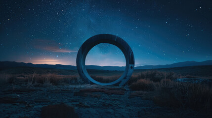 Surreal view of a mysterious circular portal frames the starry night sky in a barren desert