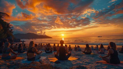 Sunrise Yoga Session on Beach Celebrating Global Love Day with Diverse Participants - Powered by Adobe