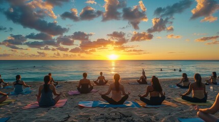 Sunrise Yoga for Global Love: Multiracial Group Practices on Beach - Powered by Adobe