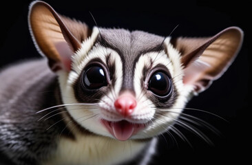 Portrait of sugar glider with mouth open on the black background, selective focus