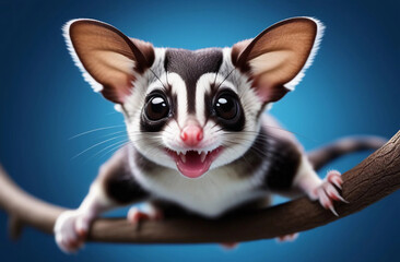 Sugar glider with open mouth on branch on the blue background, selective focus