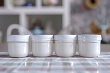 Fototapeta na wymiar white jars filled with cream sitting on a table with a light background