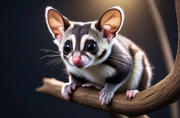Sugar glider sits on branch on grey background, selective focus