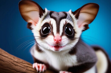 Portrait of sugar glider on the blue background, selective focus