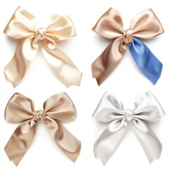 Collection of four bows in different colors placed on a plain white surface