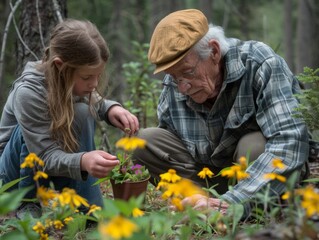 Beltane Celebration: Elderly Man and Young Girl Planting in Forest Clearing at Dawn