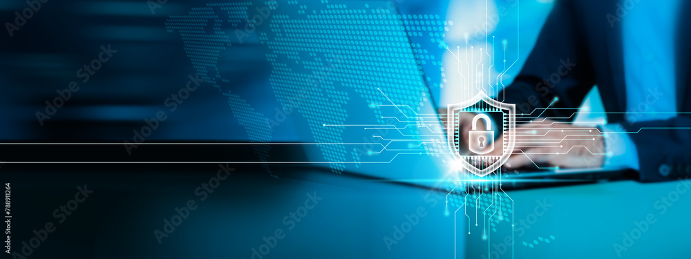 Poster businessman ensures cybersecurity using a laptop and focuses on internet technology and data protect