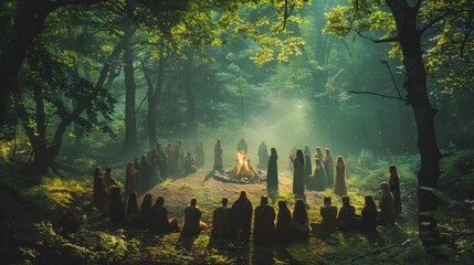 Tranquil Beltane Celebration in Forest Clearing at Dawn with Participants in Ritual Dance