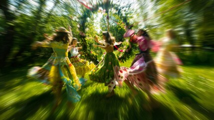 Obraz premium Joyful Dance of Diversity: Teens in Floral Costumes Celebrate Beltane Around Maypole