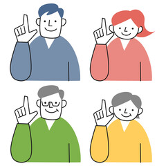 笑顔で指をさす若い男女とシニアの男女の上半身セット