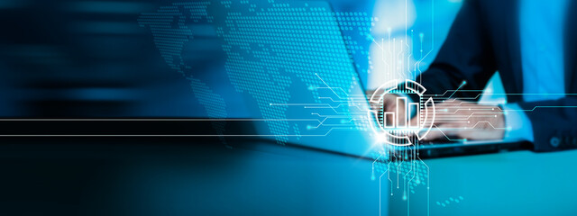 Key Performance Indicator - KPI. Businessman analyzing KPIs using a laptop and focusing on internet technology networking and data security.