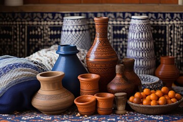 Fototapeta na wymiar Spice Grinder and Blue Pottery: Moroccan Spice Market Kitchen Decors