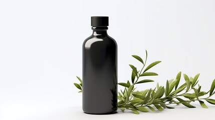 Realistic black bottle mockup with green leaves isolated on white background.