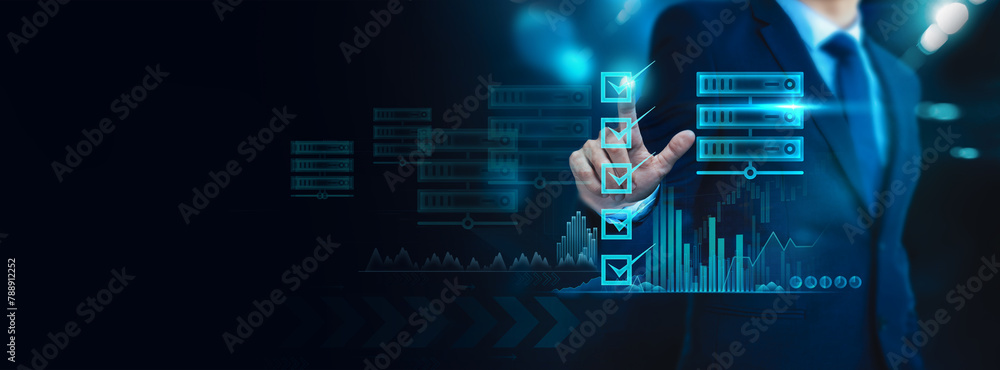 Poster businessman check businesses using online evaluation and communication technology on a virtual inter