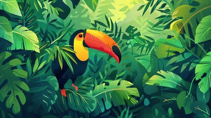 Toucan print sarong, lush jungle path, bright daylight, vibrant, adventurous tropical journey