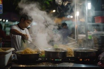 Night market vendors skillfully preparing their signature dishes, from steaming bowls of noodle soup to crispy fried snacks, amidst the hustle and bustle of the evening rush, Generative AI