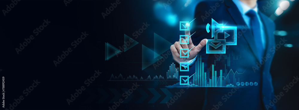 Poster businessman checks media for online evaluation of businesses using a virtual interface and communica