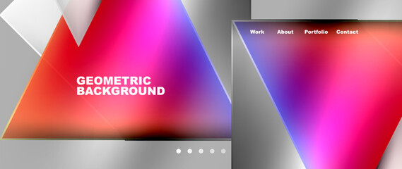 A violet geometric background with colorful triangles on a gray backdrop. The design features shades of purple, magenta, and violet creating a vibrant display resembling a gadget or electronic device