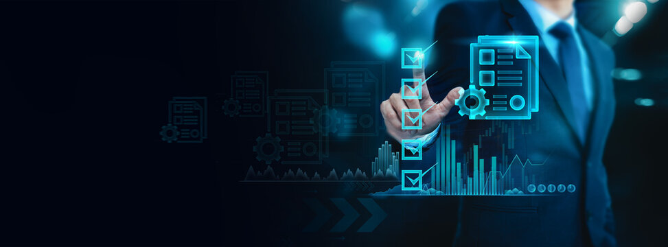 Businessman check, manage, and optimize projects using an online interface, incorporating project management and communication technology for streamlined operations.