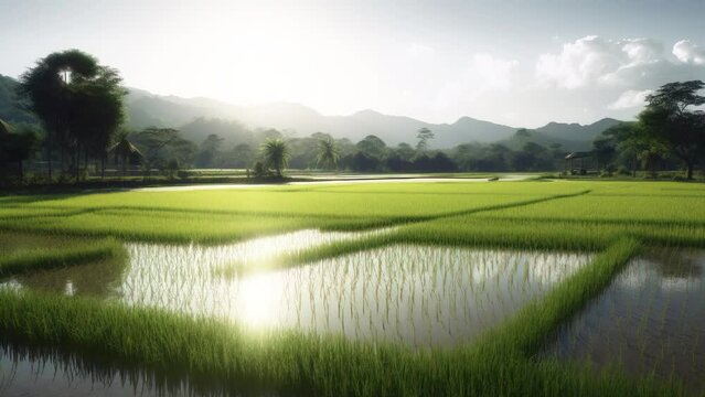 Slow motion rice field at sunset, farmer's agricultural product natural. AI generated.