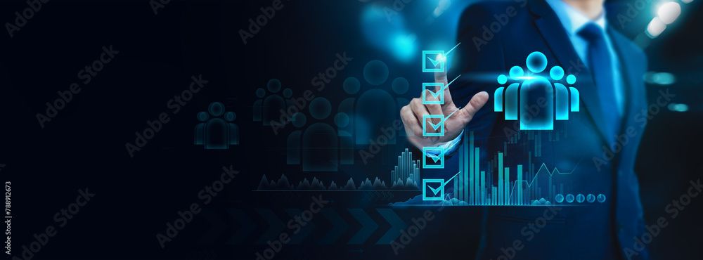 Poster hr professionals assessing and evaluating business operations through an online interface, utilizing