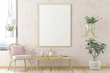 Scandinavian style living room with poster mockup created with generative ai