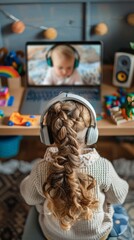 Young Girl Engaging in Remote Learning from Home with Laptop and Headphones