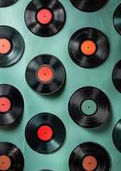 Retro Vinyl Record Collection Displayed on Turquoise Wall - Music Nostalgia Concept