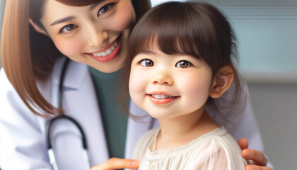 微笑む日本人女性の医師と女児 - obrazy, fototapety, plakaty