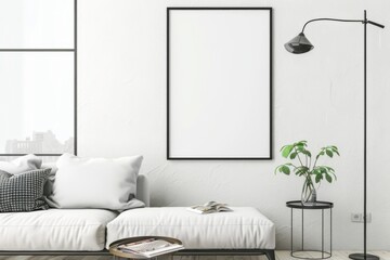 Scandinavian style living room with poster mockup created with generative ai