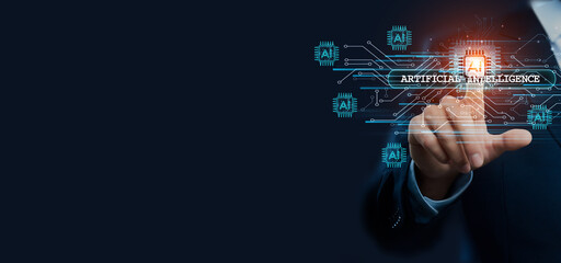 Businessman hand touching virtual graphical interface of artificial intelligence. Idea for cutting-edge AI solution and technological advancement in the ever-evolving global AI concept.