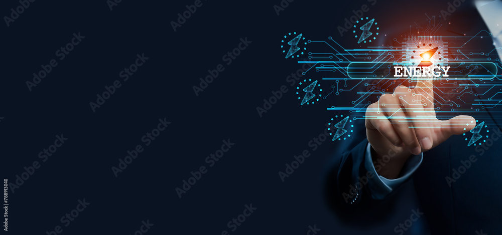 Poster businessman hand touching virtual graphical interface of energy. idea for digital solution and devel
