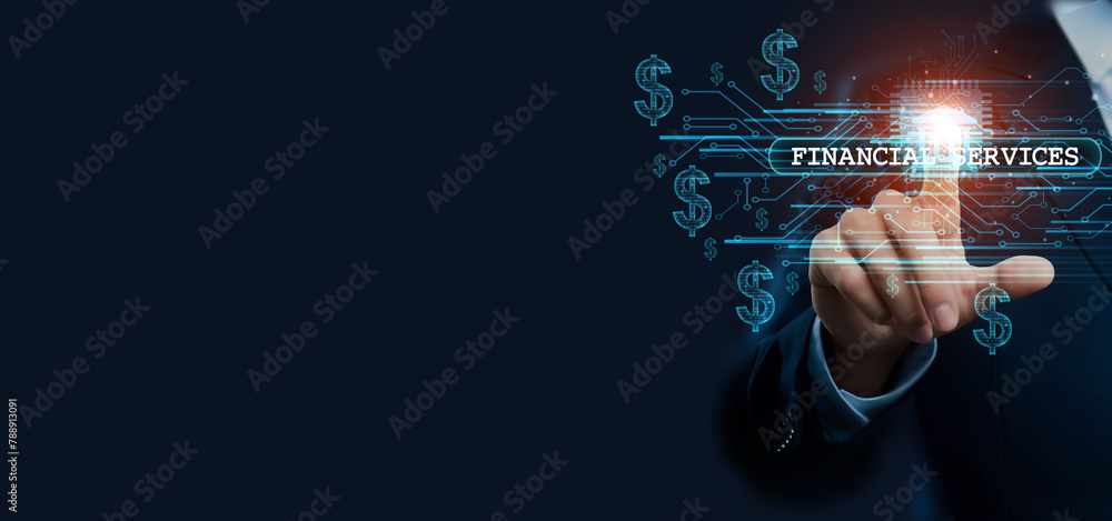 Poster businessman hand touching virtual graphical interface of financial services. idea for digital soluti
